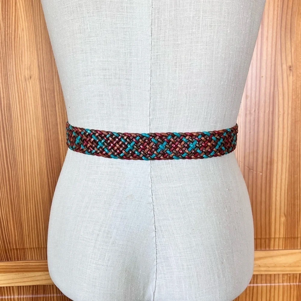 Fossil Genuine Leather Woven Braided Brown Turquoise Red Belt Casual Western